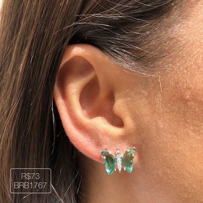 Brinco Borboleta Asa Vidro Verde Prateado